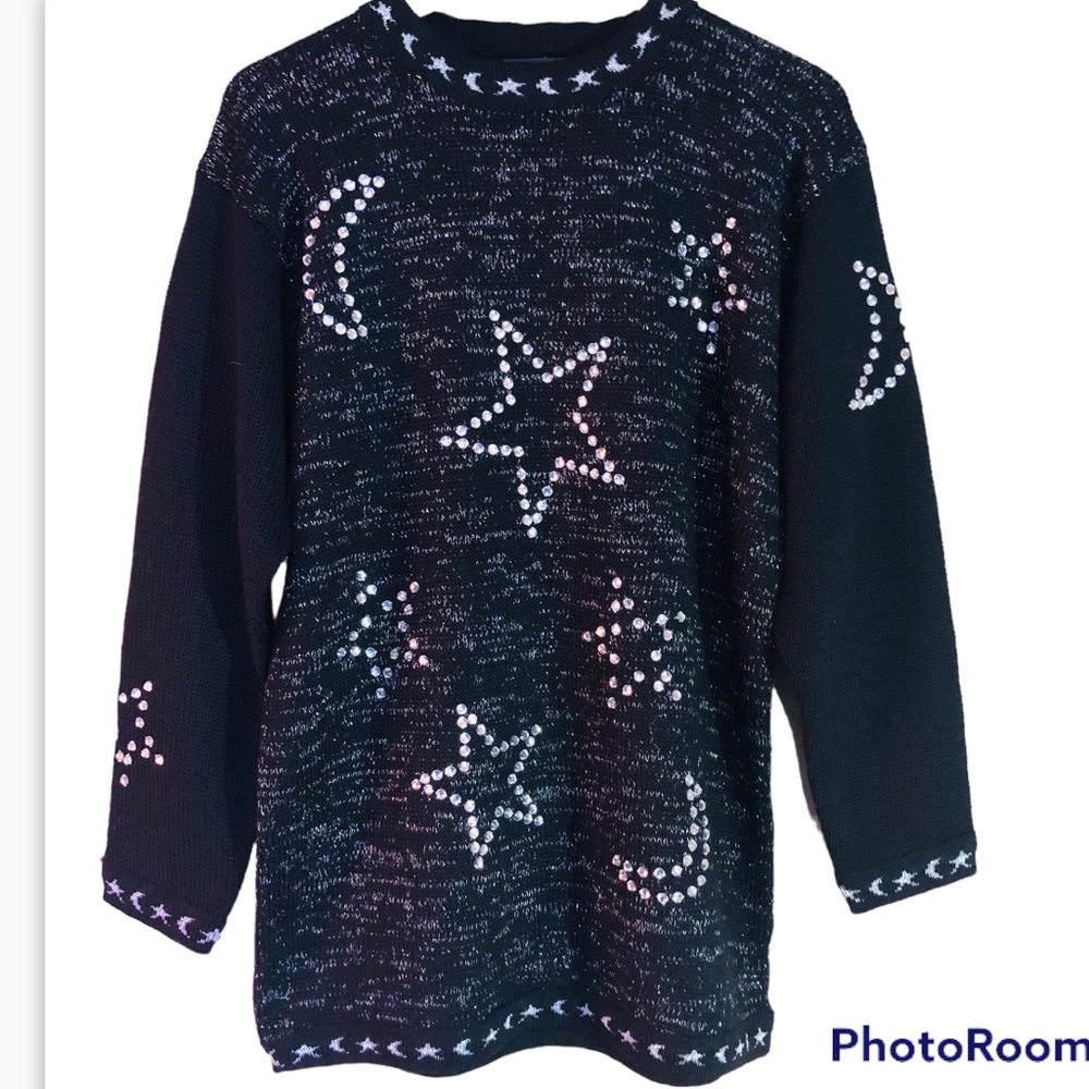 Vintage rhinestone celestial pattern whimsigoth oversized wool blend sweater